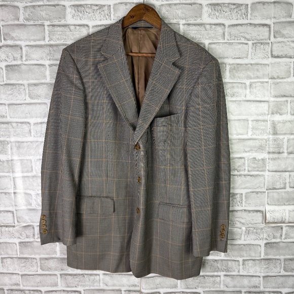 Brooks Brothers 346 Wool Black & Tan Houndstooth Blazer Suit Jacket Mens 44R - Picture 1 of 12